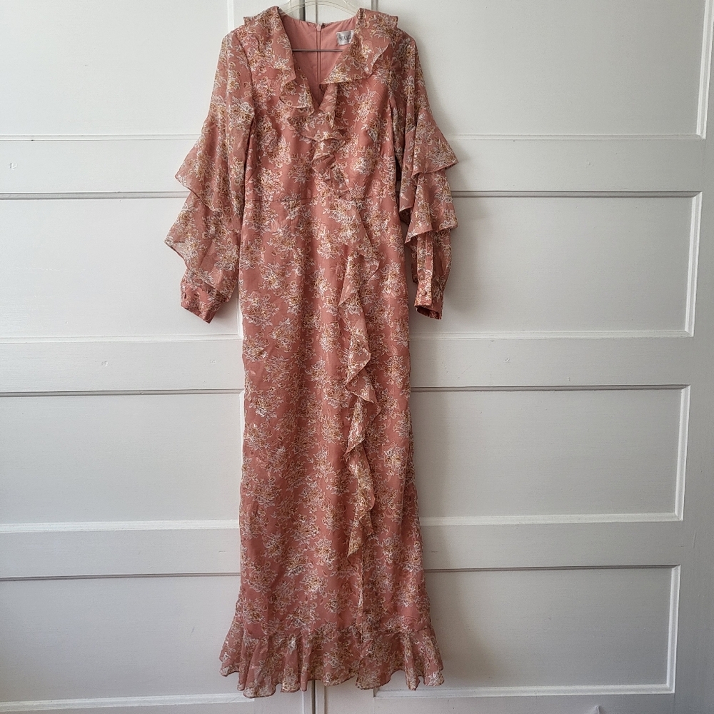 Mikael Aghal Blush Tiered Romantic Floral Chiffon Maxi Dress Floral Lurex Size 4